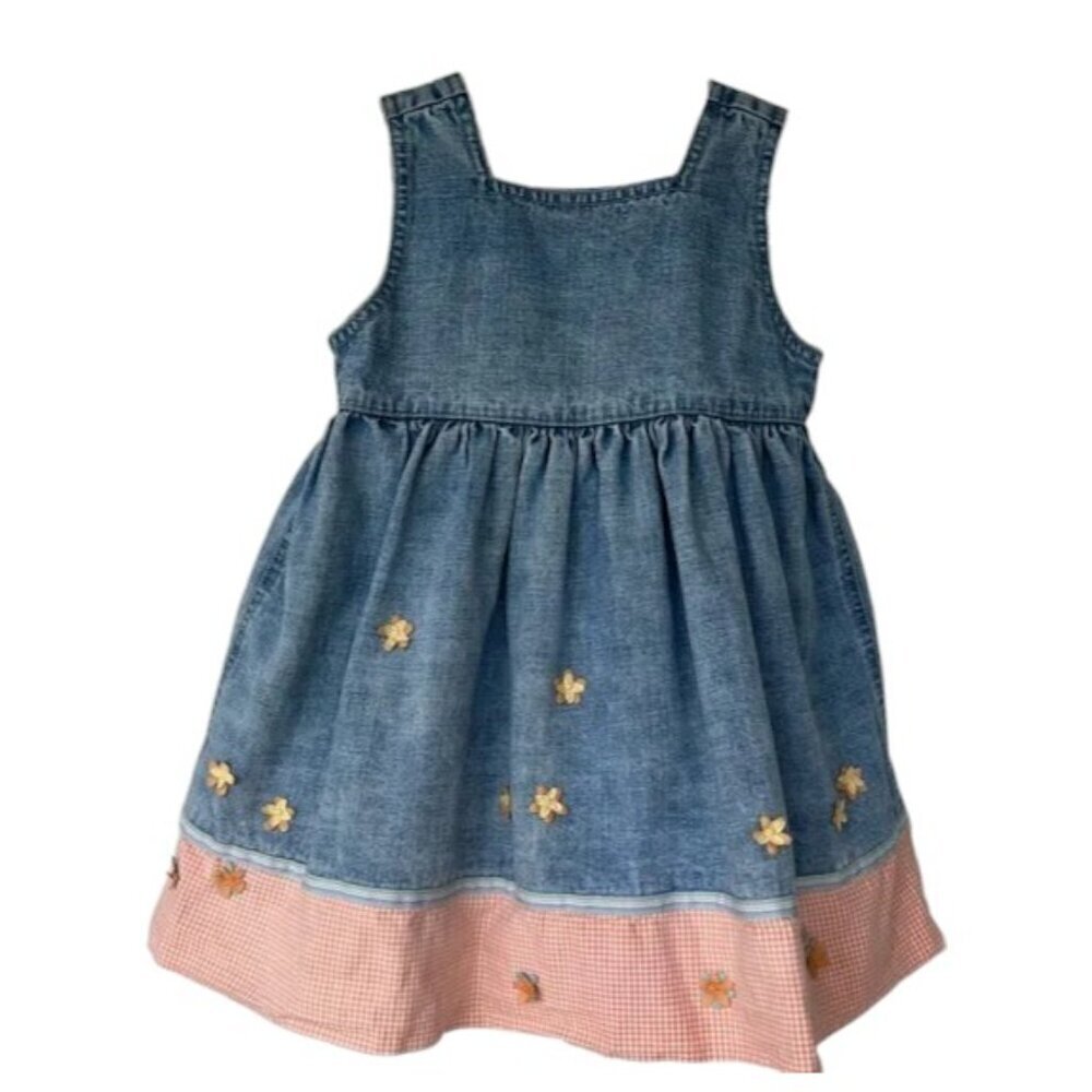 Vintage Baby Gap Blue Jean Sleeveless Dress Floral Appliqué Gingham Trim 6-12M